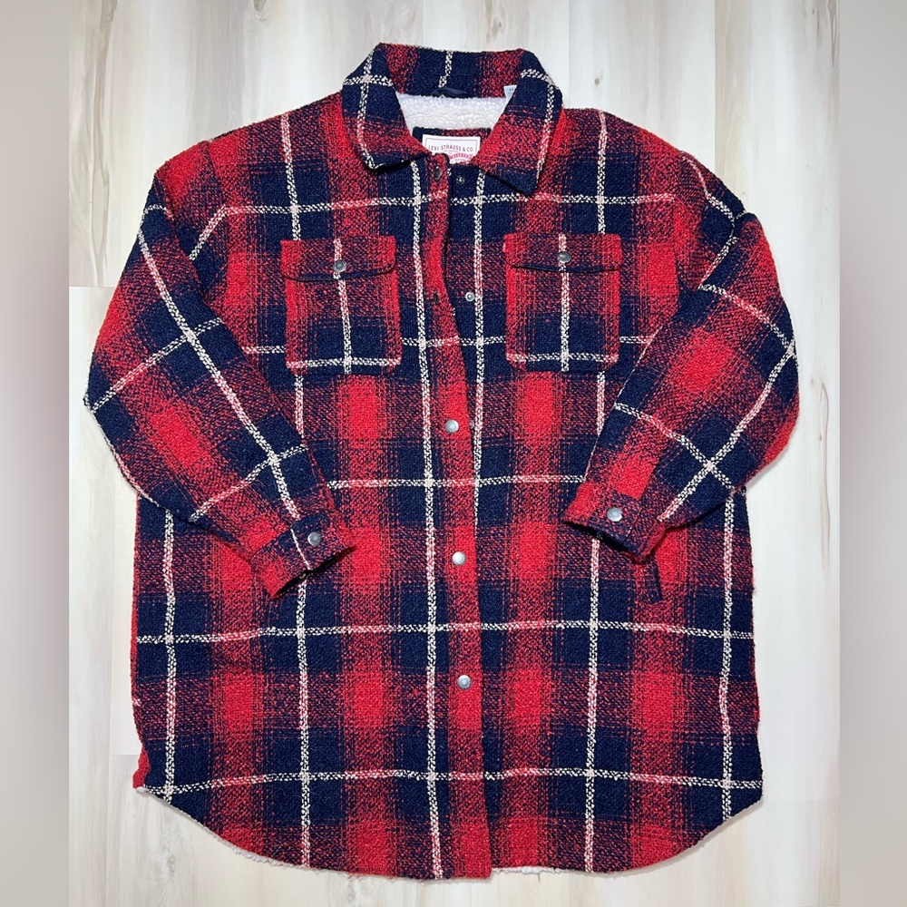 Levi’s Plaid Red Black Sherpa-Lined Snap Zip Up Heavy Wool Jacket Sz 3X | 3E